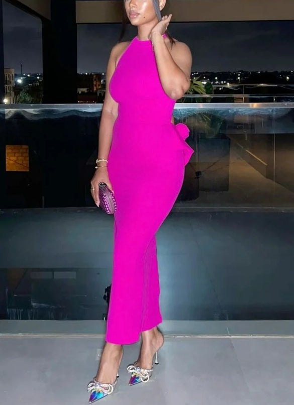 Luolandi Fuchsia Halter Ankle Length Mermaid Evening Party Dress Charming Formal Dress Solid Color